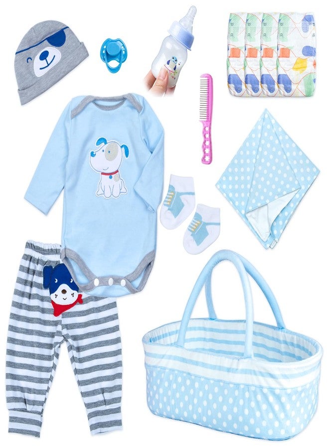 PEDOLLTREE Reborn Baby Dolls Clothes Boy Blue Dog Outfit Accessories 13 Pcs for 17-22 Inches Reborn Doll Newborn Boy with Blue Dot Bassinet - Image 1